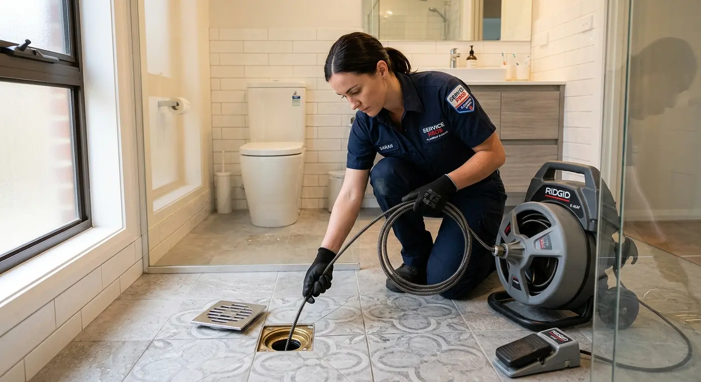 Technician clearing a bathroom floor drain for Sewer Line Replacement in Chandler